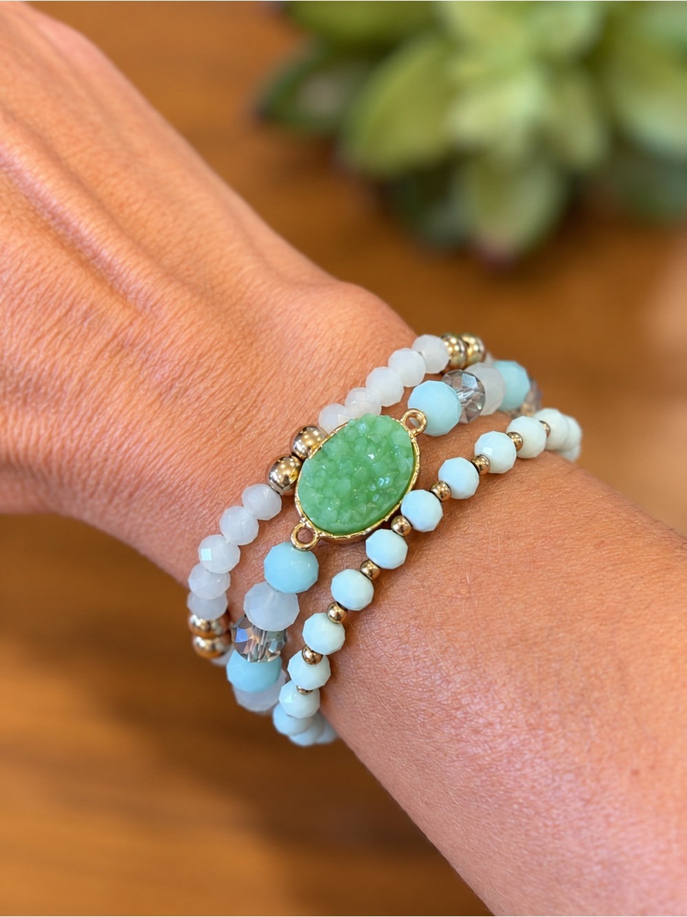 Mint Green/Blue Druzy Beaded Stretch Bracelet Set – 3 Piece